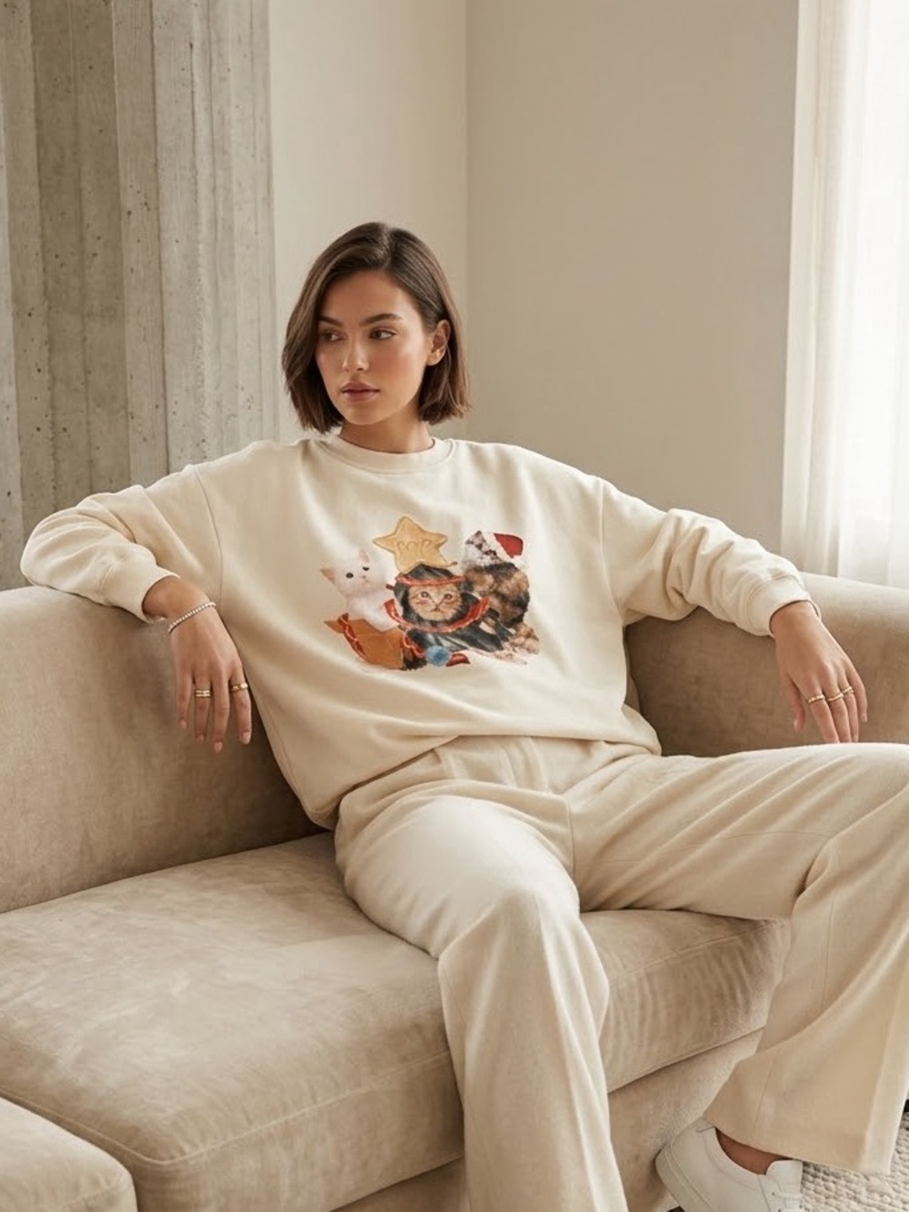 Nap‎ Loungewear Cream Christmas Kitten Graphic Sweatshirt Oversized Medium